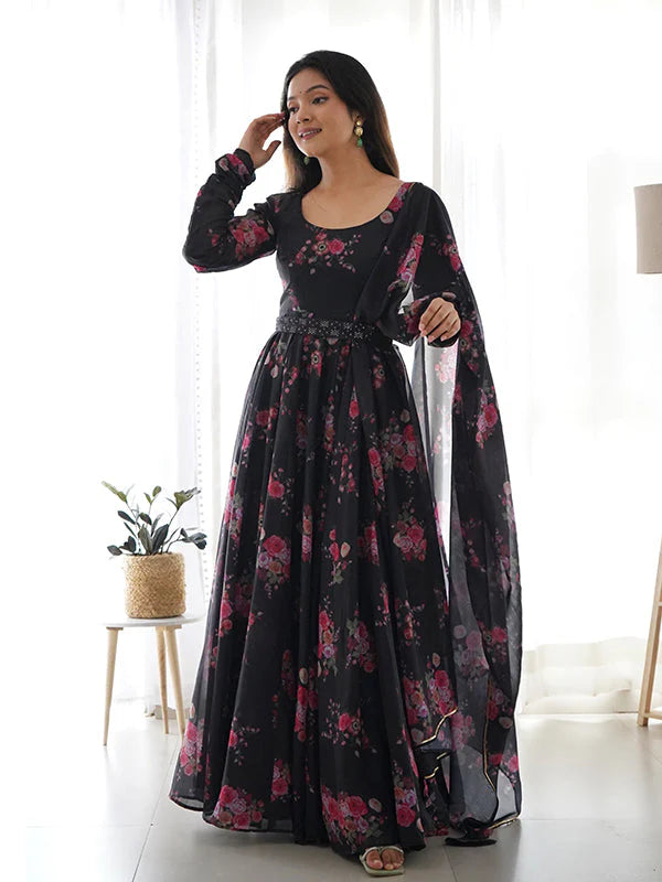 Black Organza Printed Anarkali Kurti With Pant & Dupatta Set