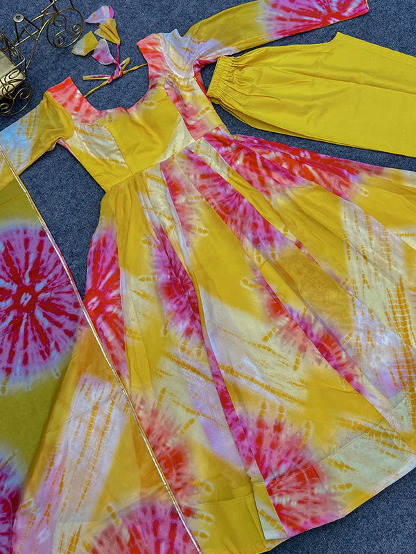 Yellow Organza Printed Anarkali Kurti With Pant & Dupatta Set