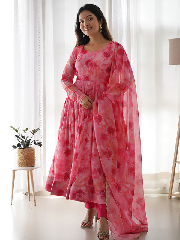 Light Pink Organza Printed Anarkali Kurti With Pant & Dupatta Set