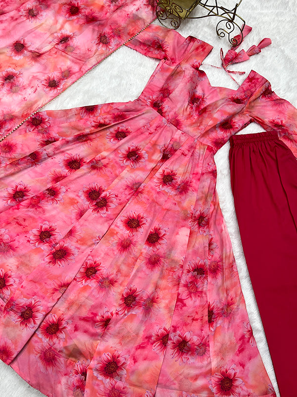 Light Pink Organza Printed Anarkali Kurti With Pant & Dupatta Set