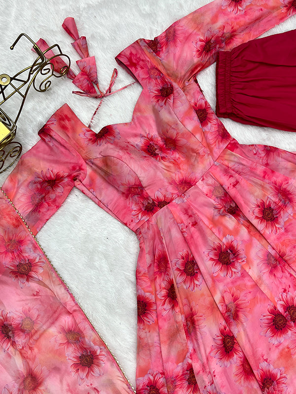 Light Pink Organza Printed Anarkali Kurti With Pant & Dupatta Set