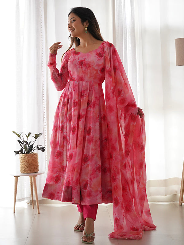 Light Pink Organza Printed Anarkali Kurti With Pant & Dupatta Set