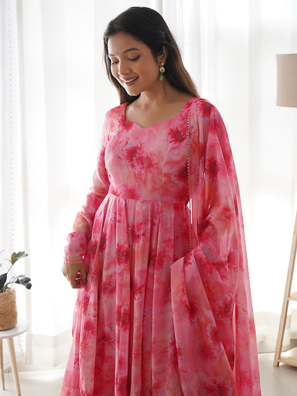 Light Pink Organza Printed Anarkali Kurti With Pant & Dupatta Set