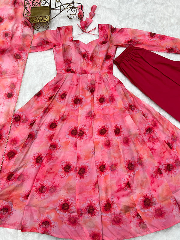 Light Pink Organza Printed Anarkali Kurti With Pant & Dupatta Set