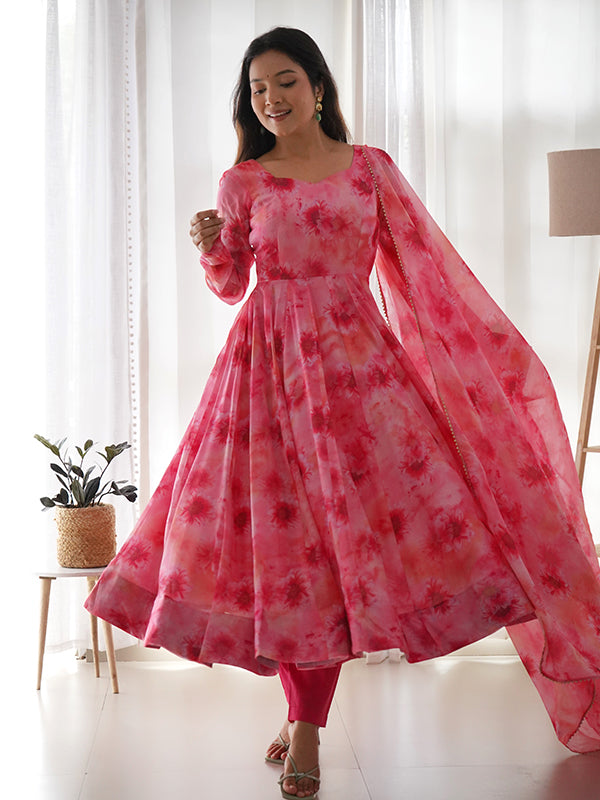 Light Pink Organza Printed Anarkali Kurti With Pant & Dupatta Set