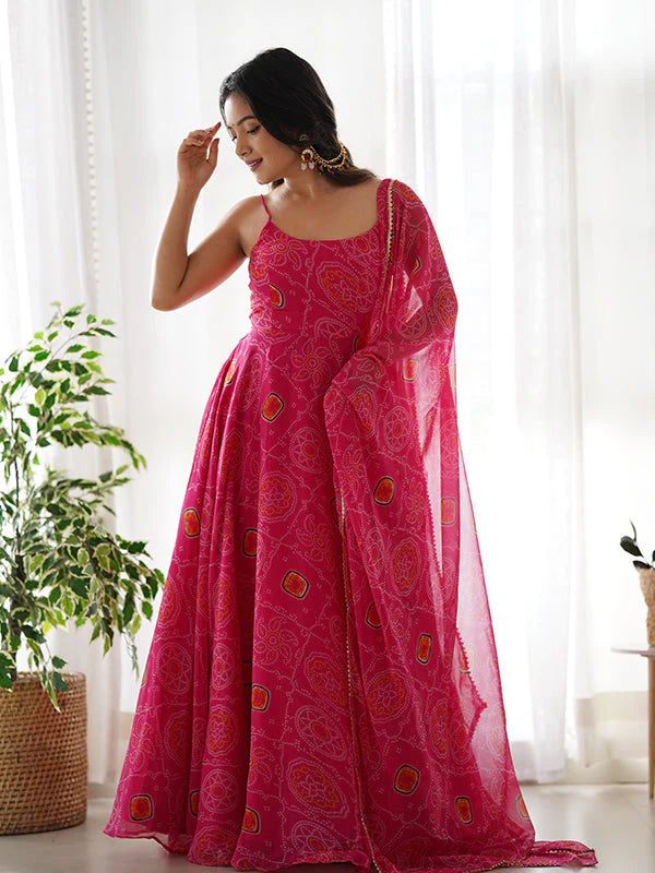 Bandhej Pink Chiffon Printed Gown With Pant & Dupatta Set