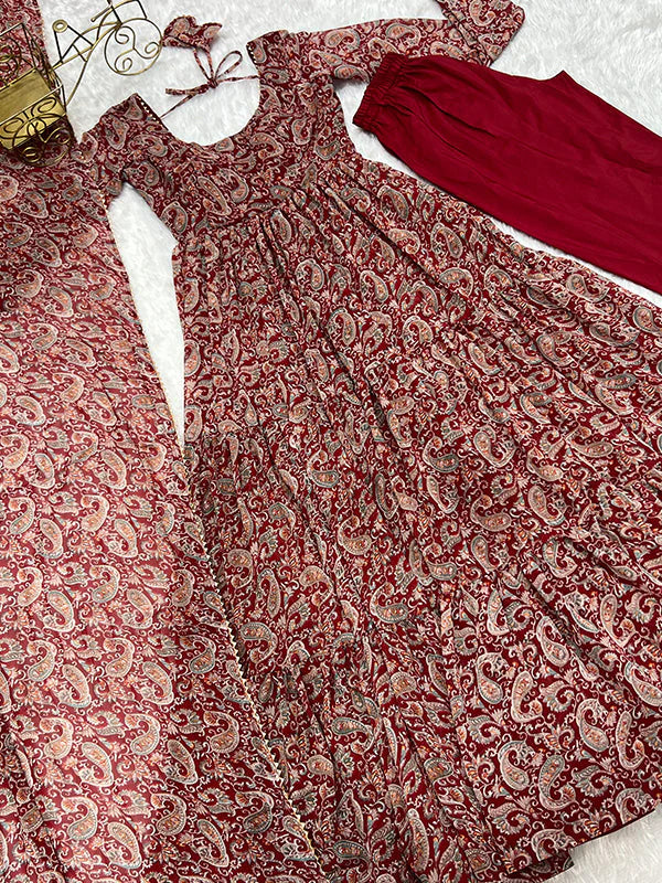 Layered Maroon Printed Anarkali Gown With Pant & Dupatta Set