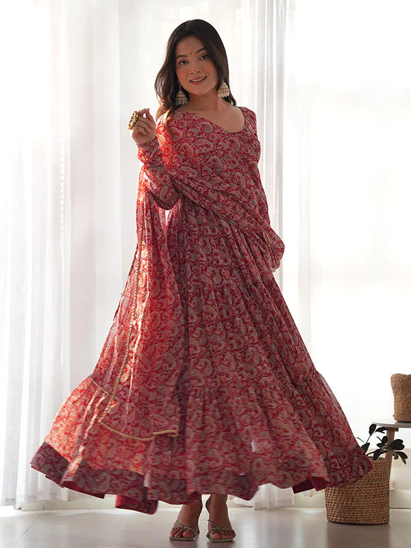 Layered Maroon Printed Anarkali Gown With Pant & Dupatta Set