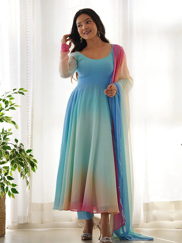 Sky Colored Organza Anarkali Gown With Pant & Dupatta Set