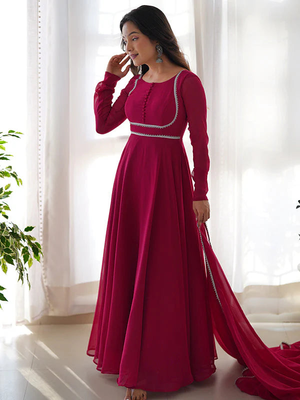 Hot Pink Georgette Anarkali Kurti With Pant Dupatta Set