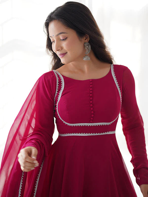 Hot Pink Georgette Anarkali Kurti With Pant Dupatta Set