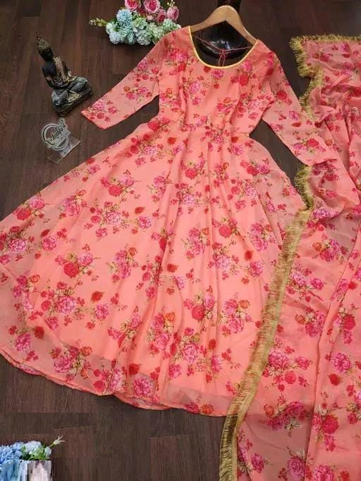 Peach Rose Pattern Tebby Anarkali Suit With Dupatta Set