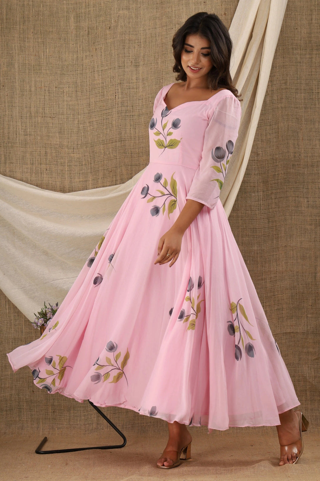 Women Pink Floral applique Printed Anarkali Dress