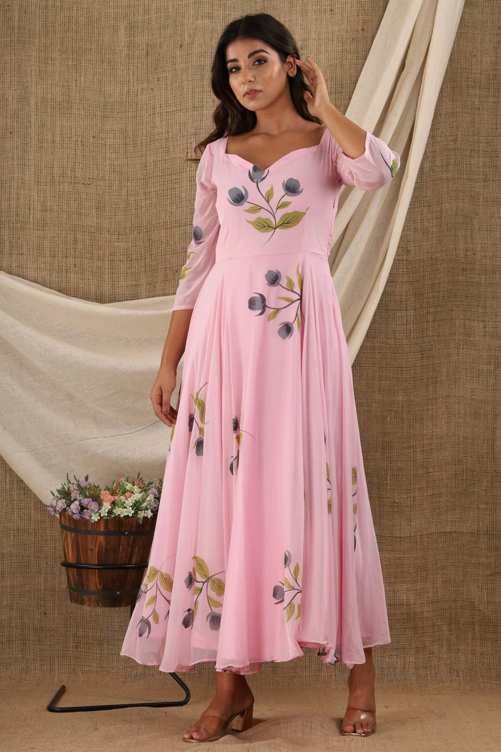 Women Pink Floral applique Printed Anarkali Dress