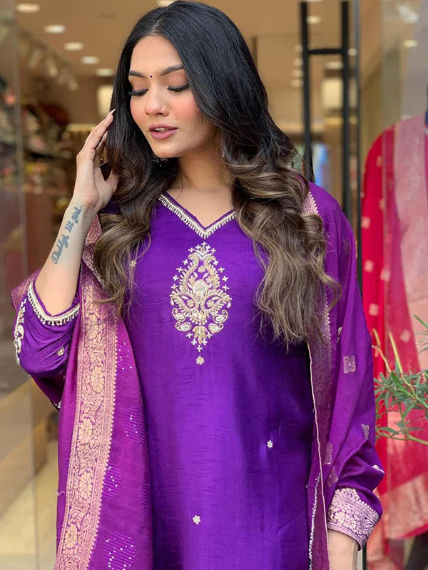 Purple Fully Hand Work Tapeta Silk Kurti With Pant & Dupatta Set