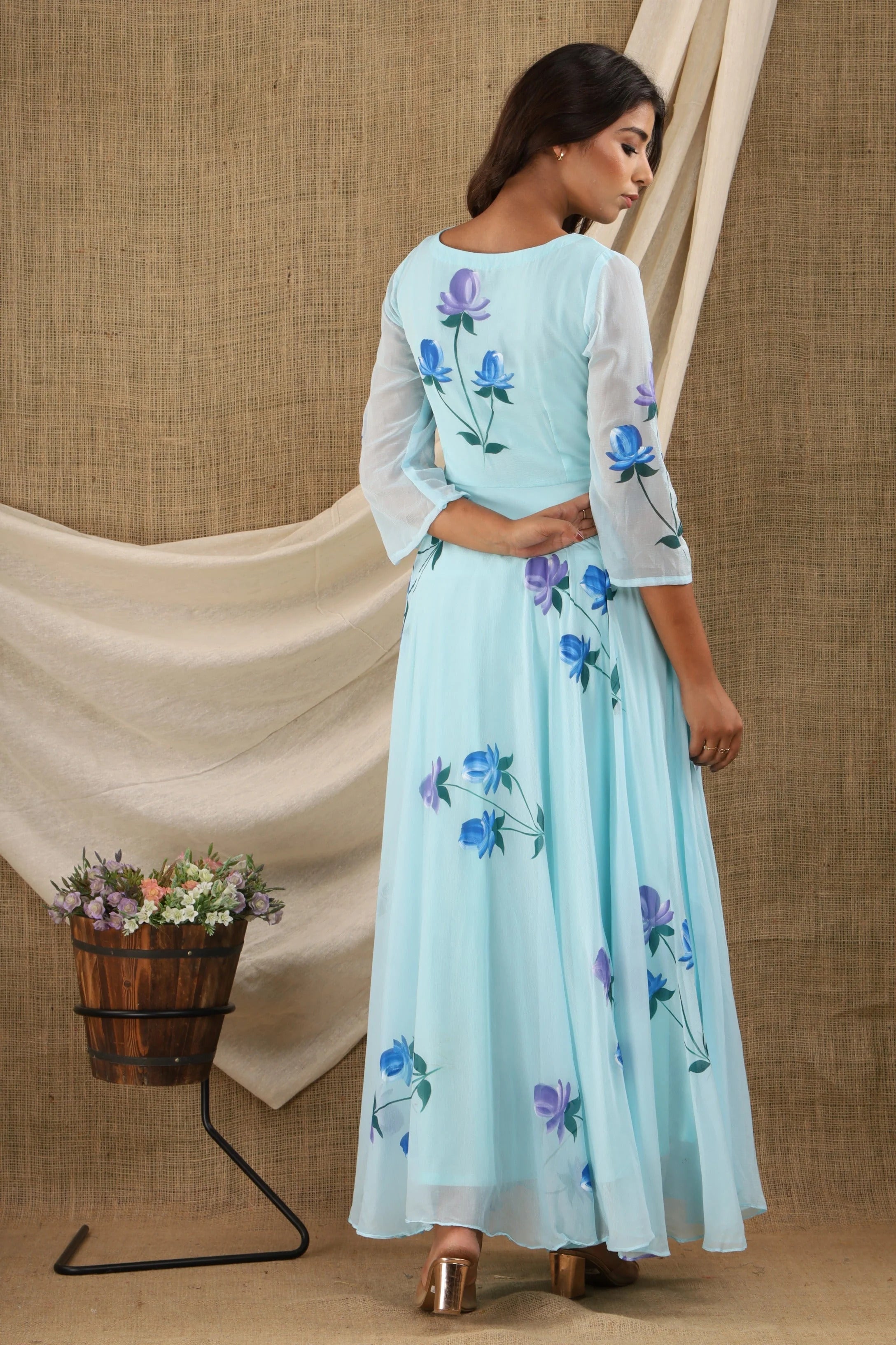 Women Blue Floral applique Printed Anarkali Dress