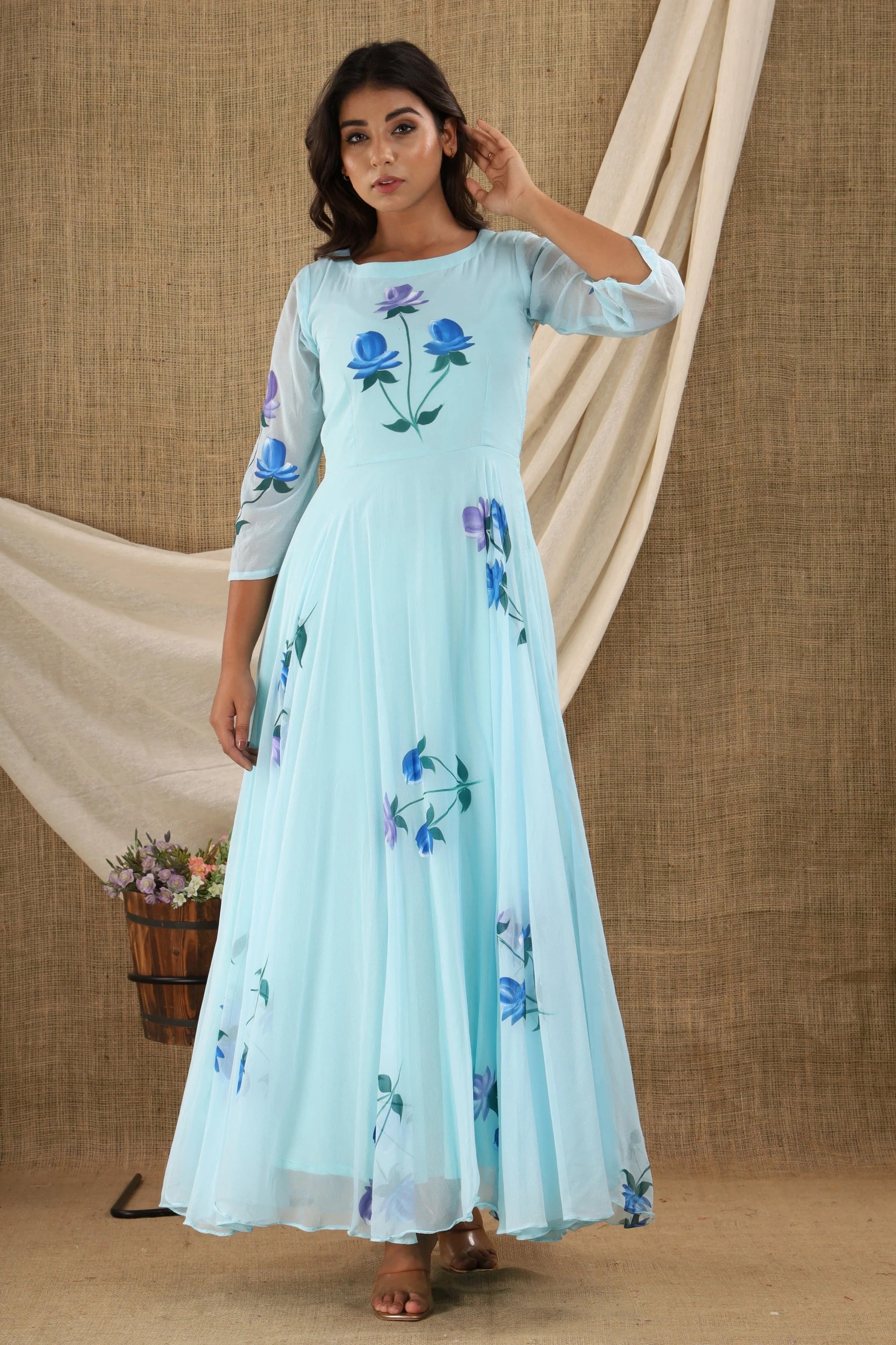 Women Blue Floral applique Printed Anarkali Dress