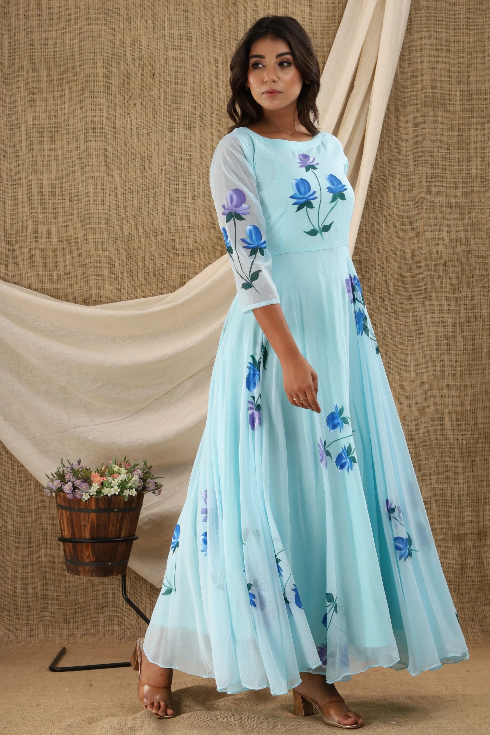 Women Blue Floral applique Printed Anarkali Dress