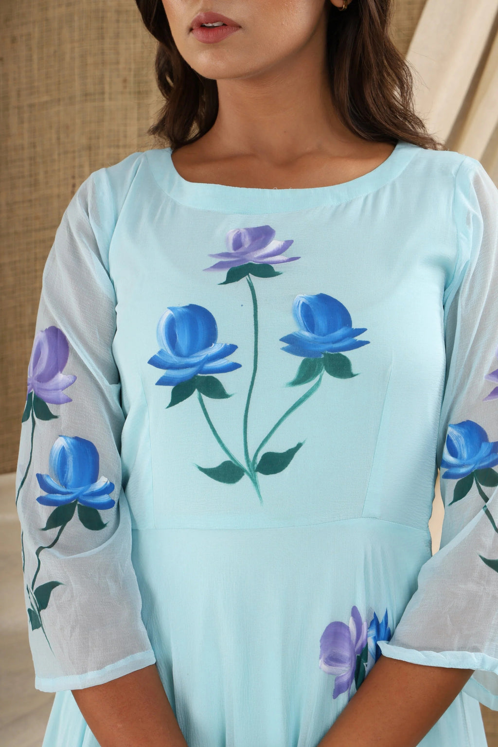 Women Blue Floral applique Printed Anarkali Dress