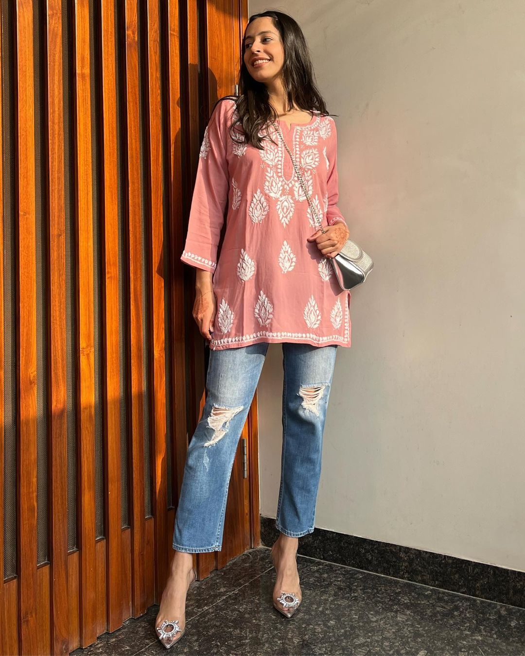 Women Chikankari Cotton A-line Kurta (Peach)
