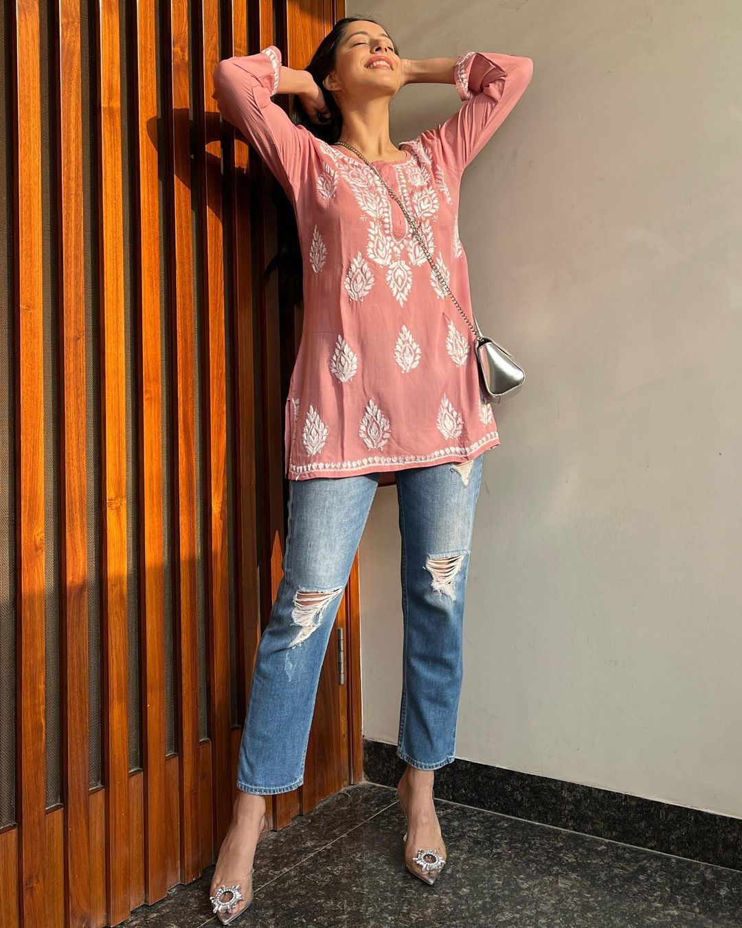Women Chikankari Cotton A-line Kurta (Peach)