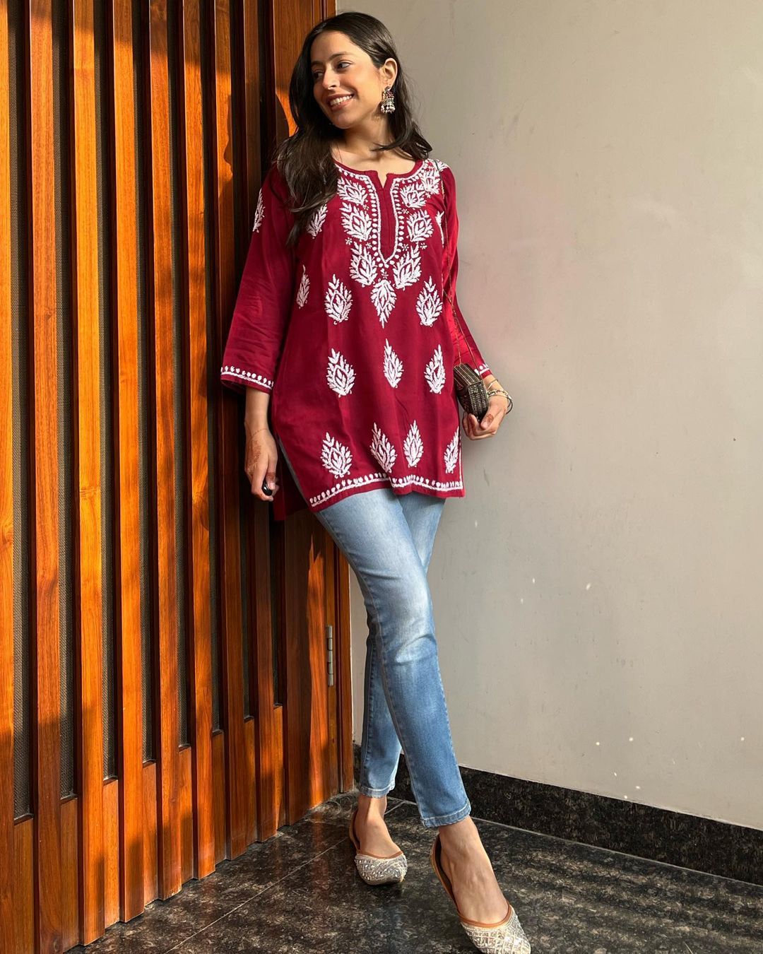 Women Chikankari Cotton A-line Kurta (Maroon)