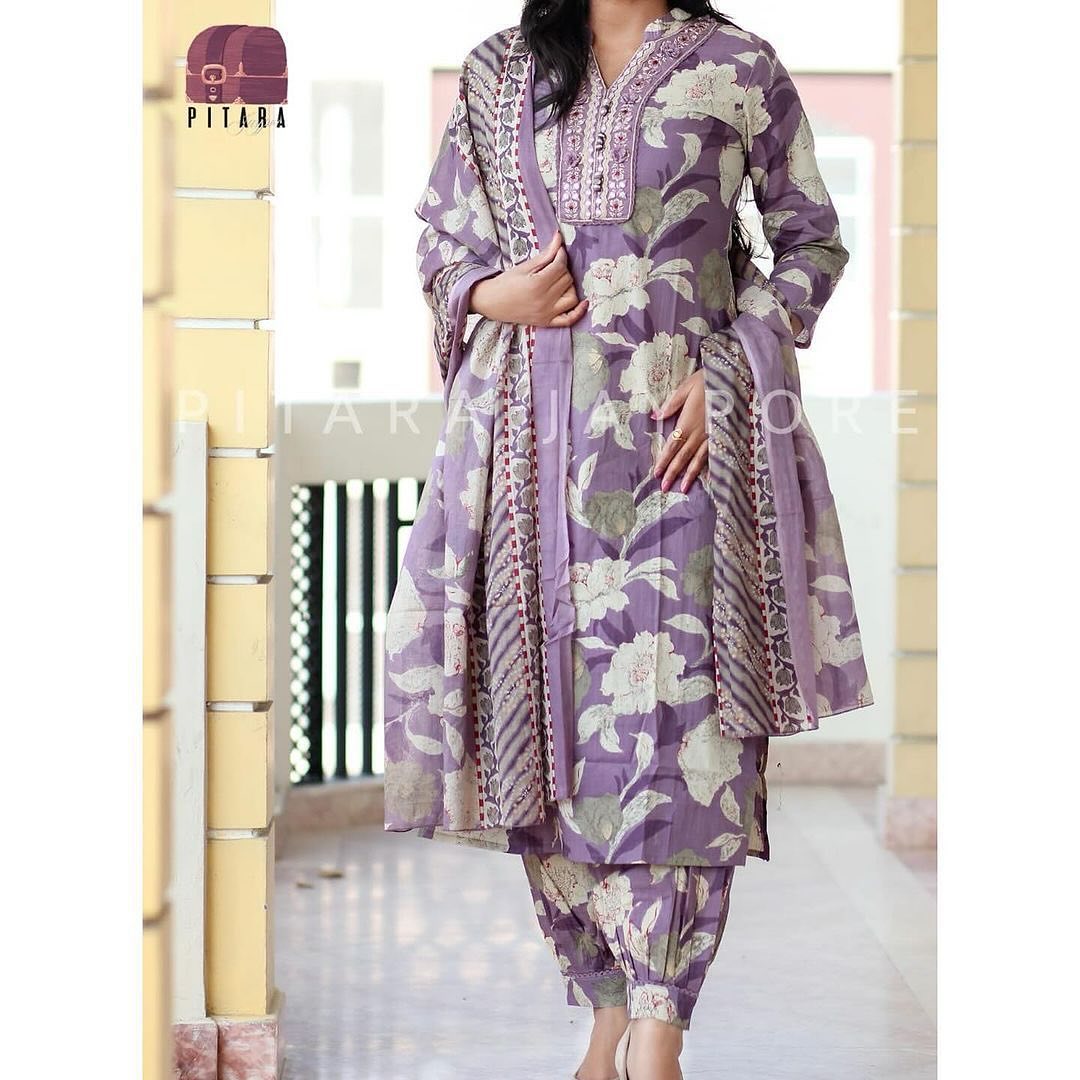 PURPLE  FLORAL PRINT AFGHANI SUIT SET