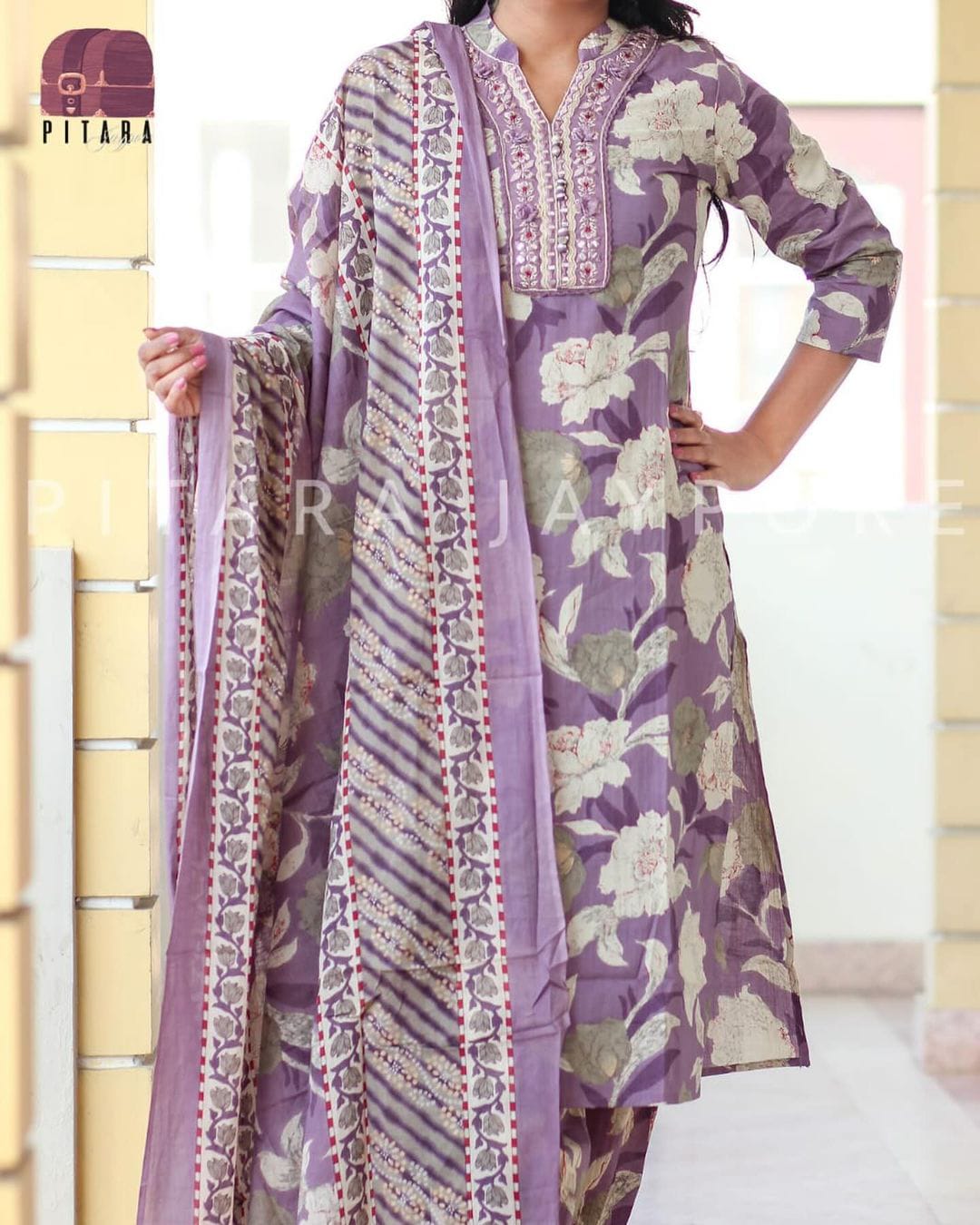 PURPLE  FLORAL PRINT AFGHANI SUIT SET