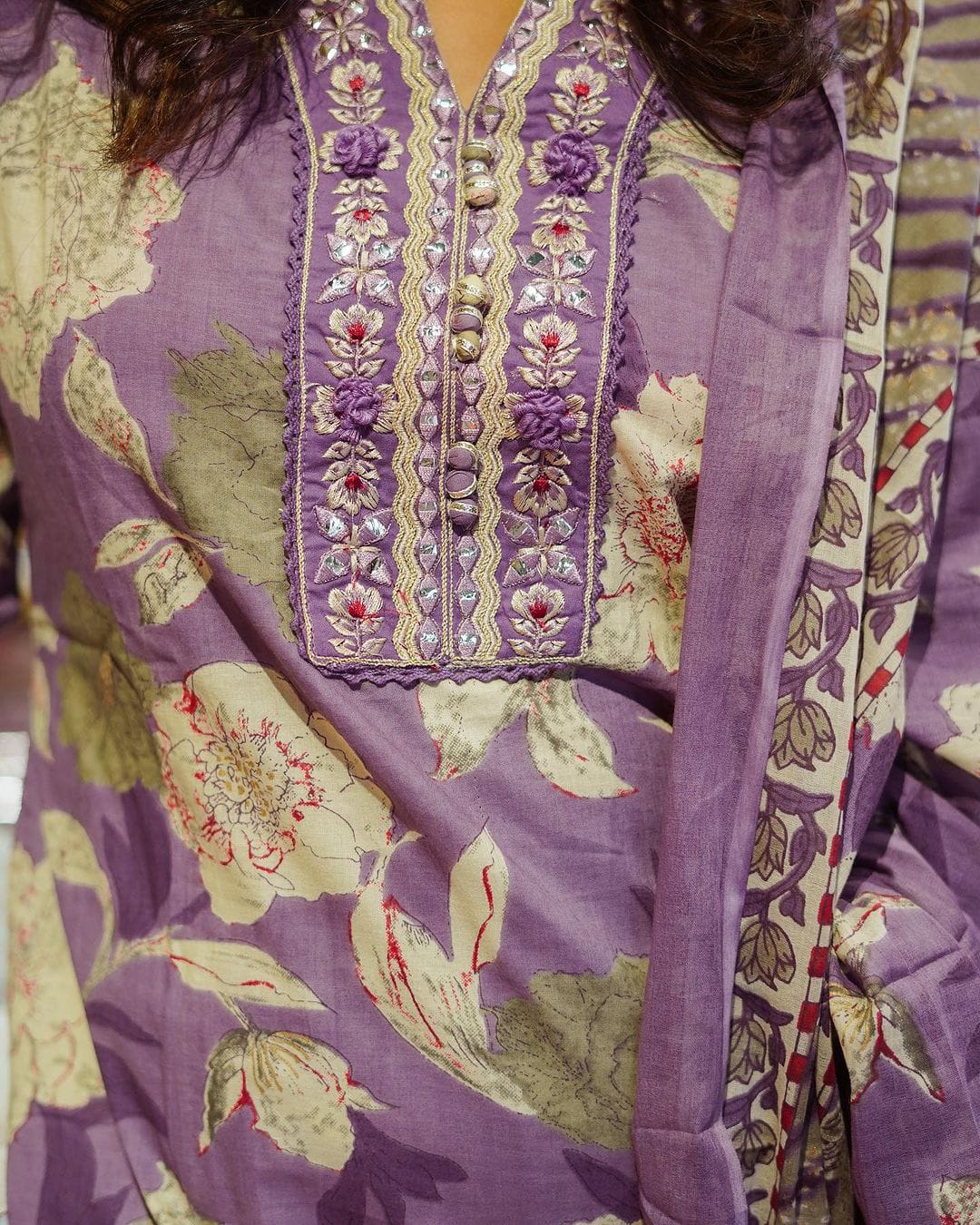 PURPLE  FLORAL PRINT AFGHANI SUIT SET