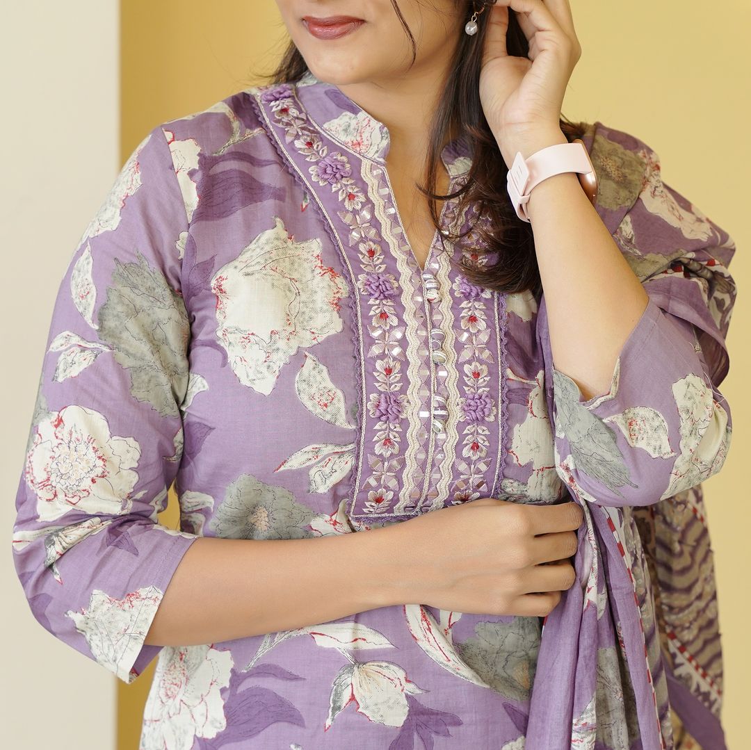 PURPLE  FLORAL PRINT AFGHANI SUIT SET