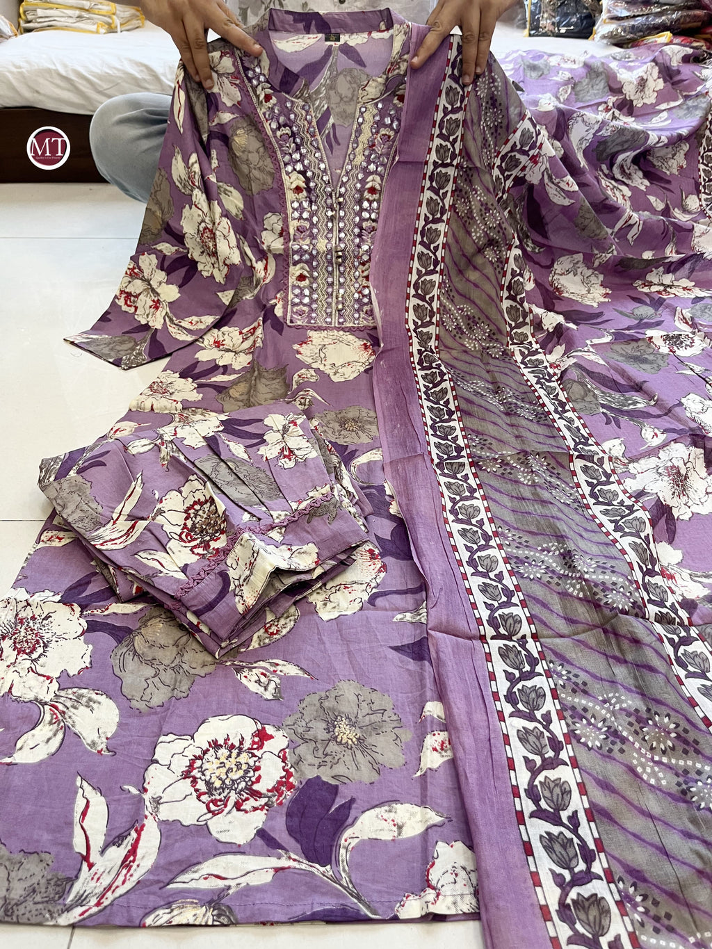 PURPLE  FLORAL PRINT AFGHANI SUIT SET