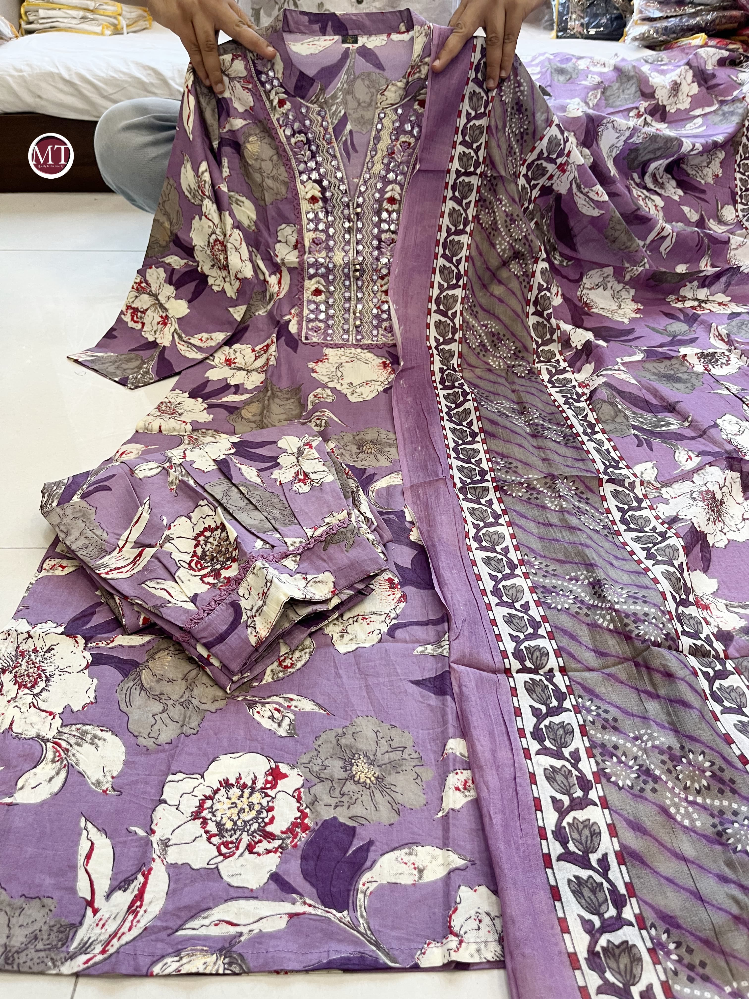 PURPLE  FLORAL PRINT AFGHANI SUIT SET