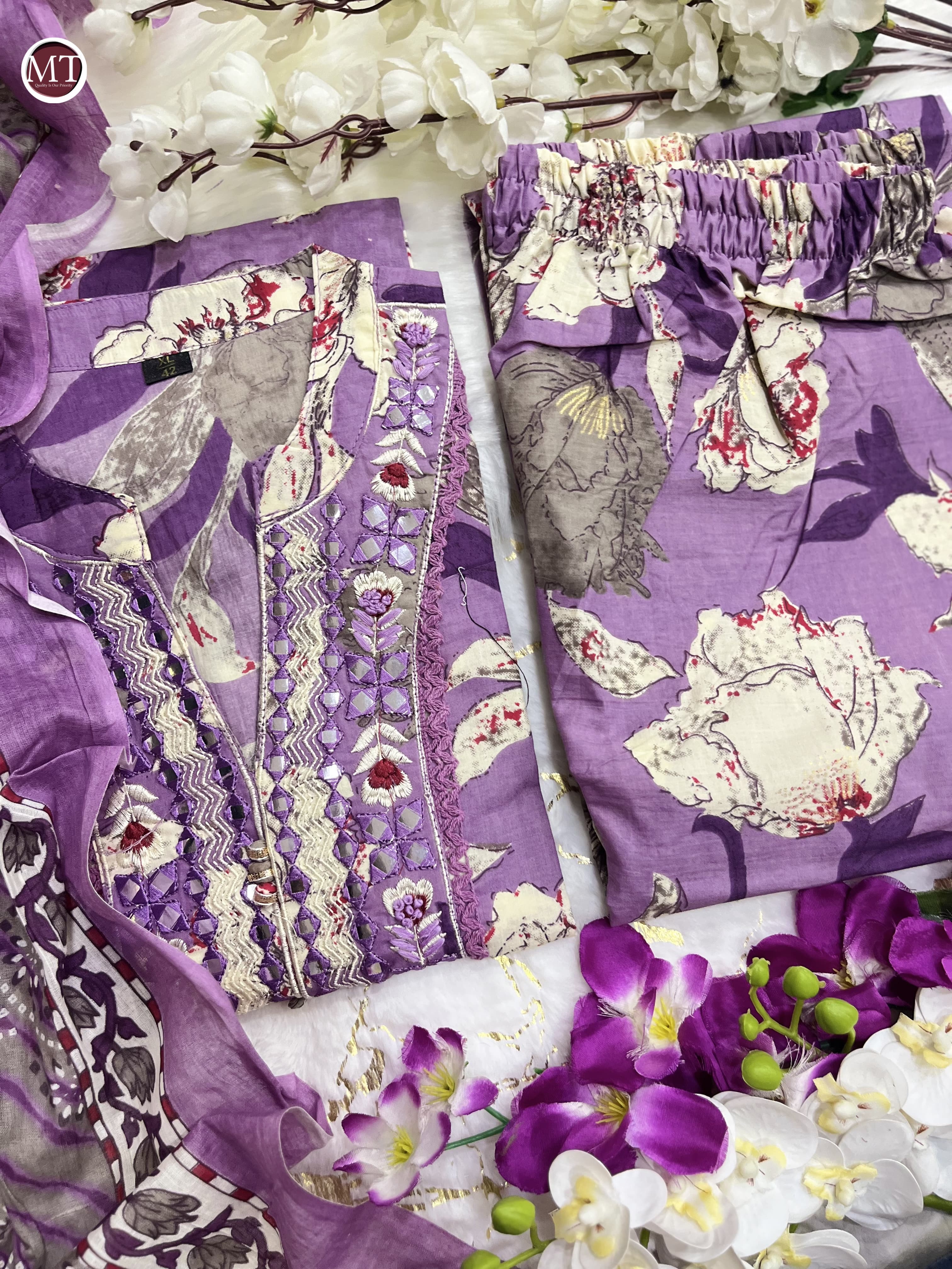 PURPLE  FLORAL PRINT AFGHANI SUIT SET