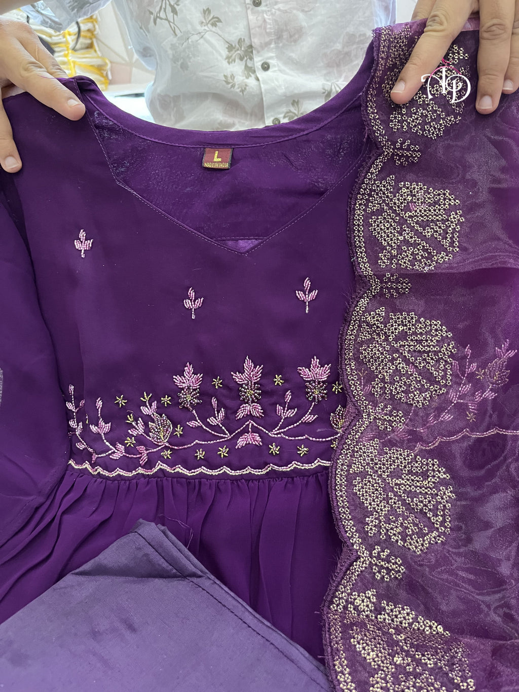 Wine Embroidered Long Flared Kurta Set with Dupatta