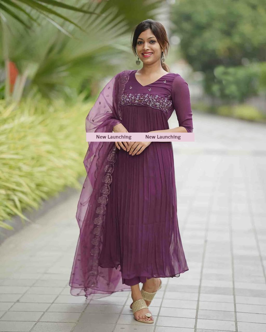 Wine Embroidered Long Flared Kurta Set with Dupatta