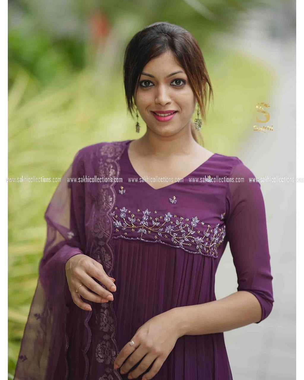 Wine Embroidered Long Flared Kurta Set with Dupatta