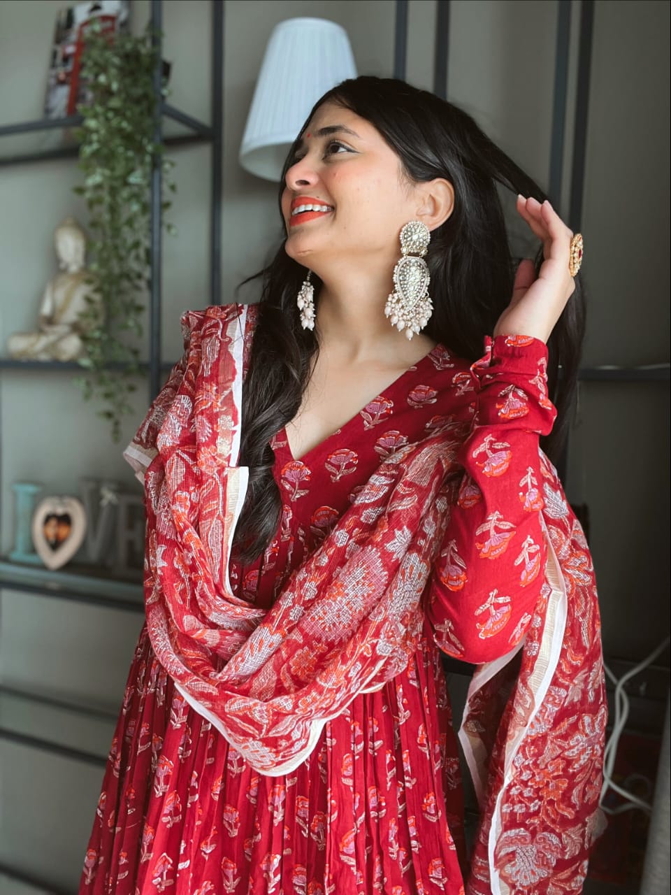 RED FLORAL PRINT ALIA CUT SUIT SET