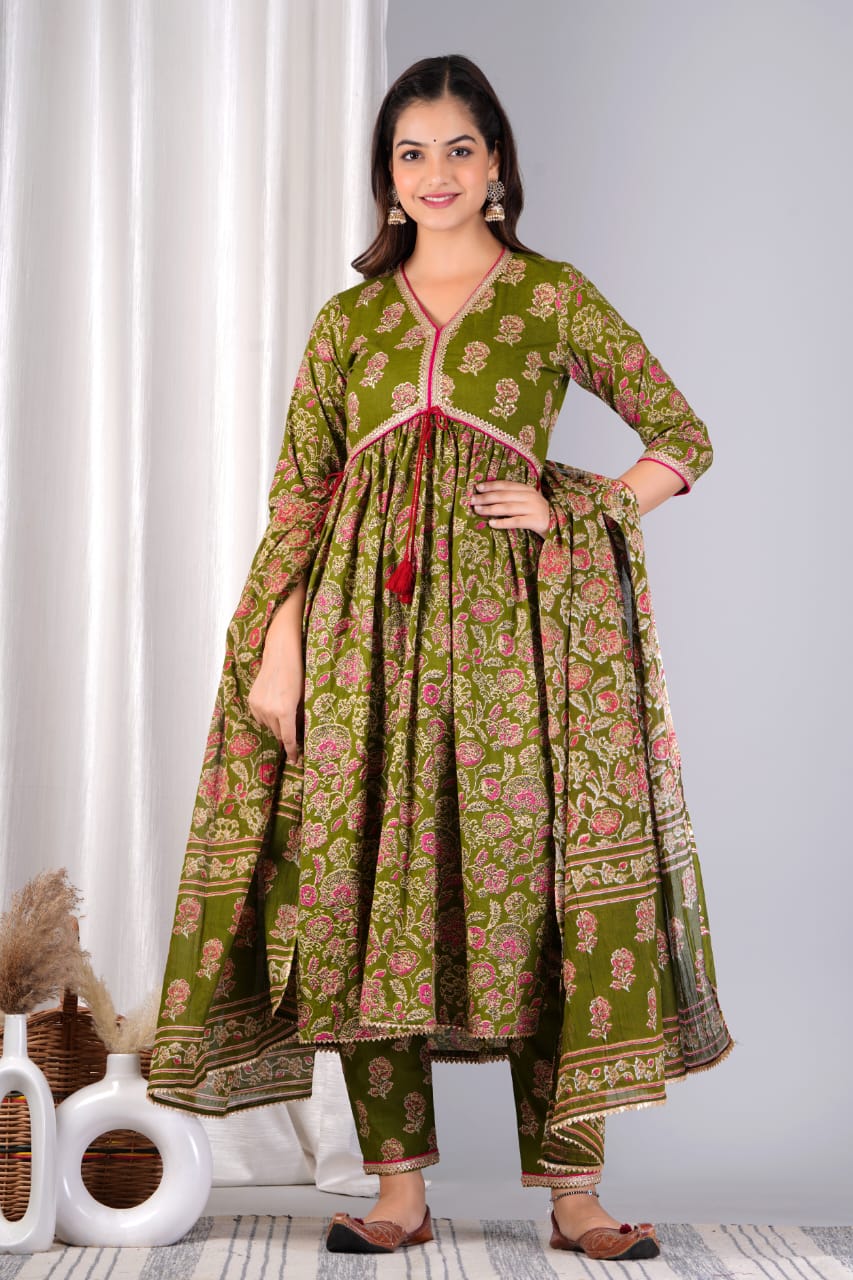 Cotton Printed Kurti with Pant and Dupatta Set