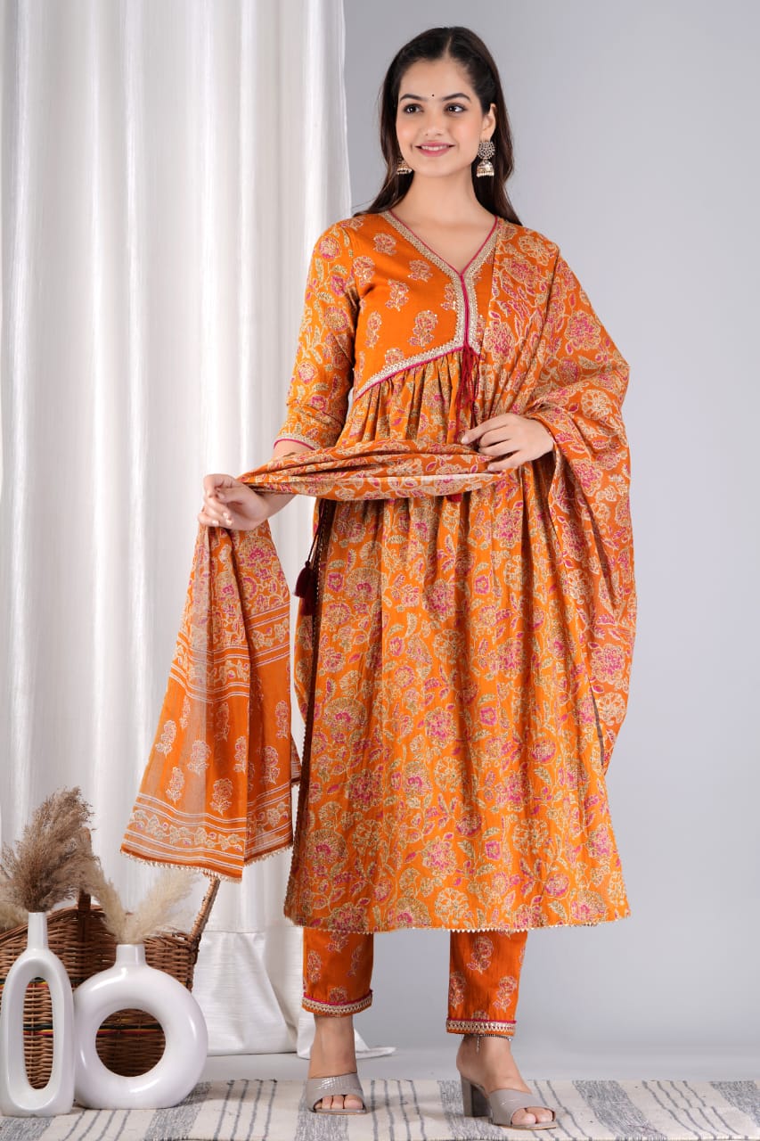 Cotton Printed Kurti with Pant and Dupatta Set