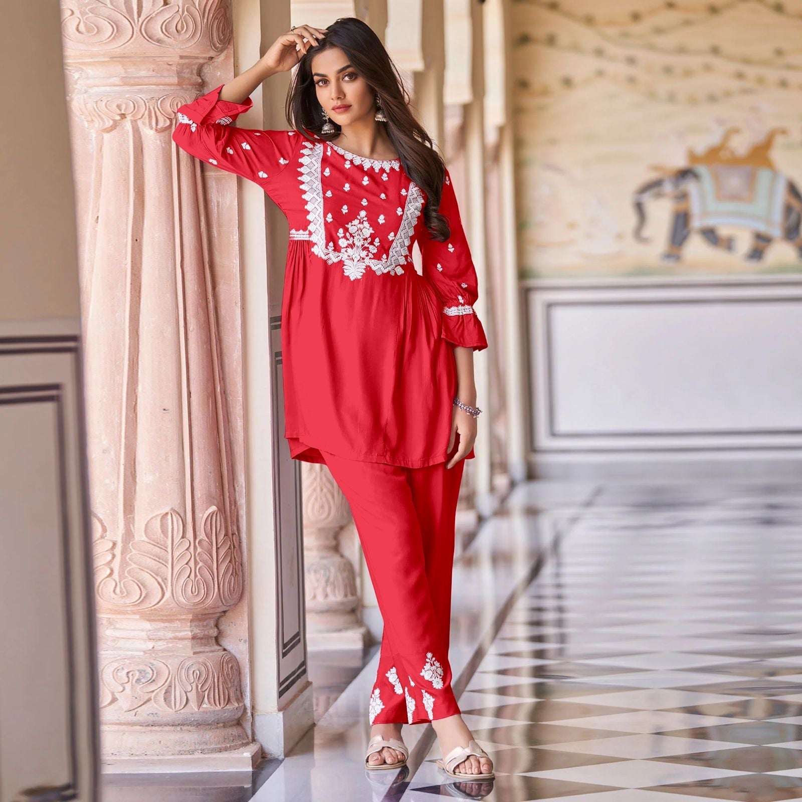 New Chikankari Exclusive Same_Kurti_Pent Pair (Red)