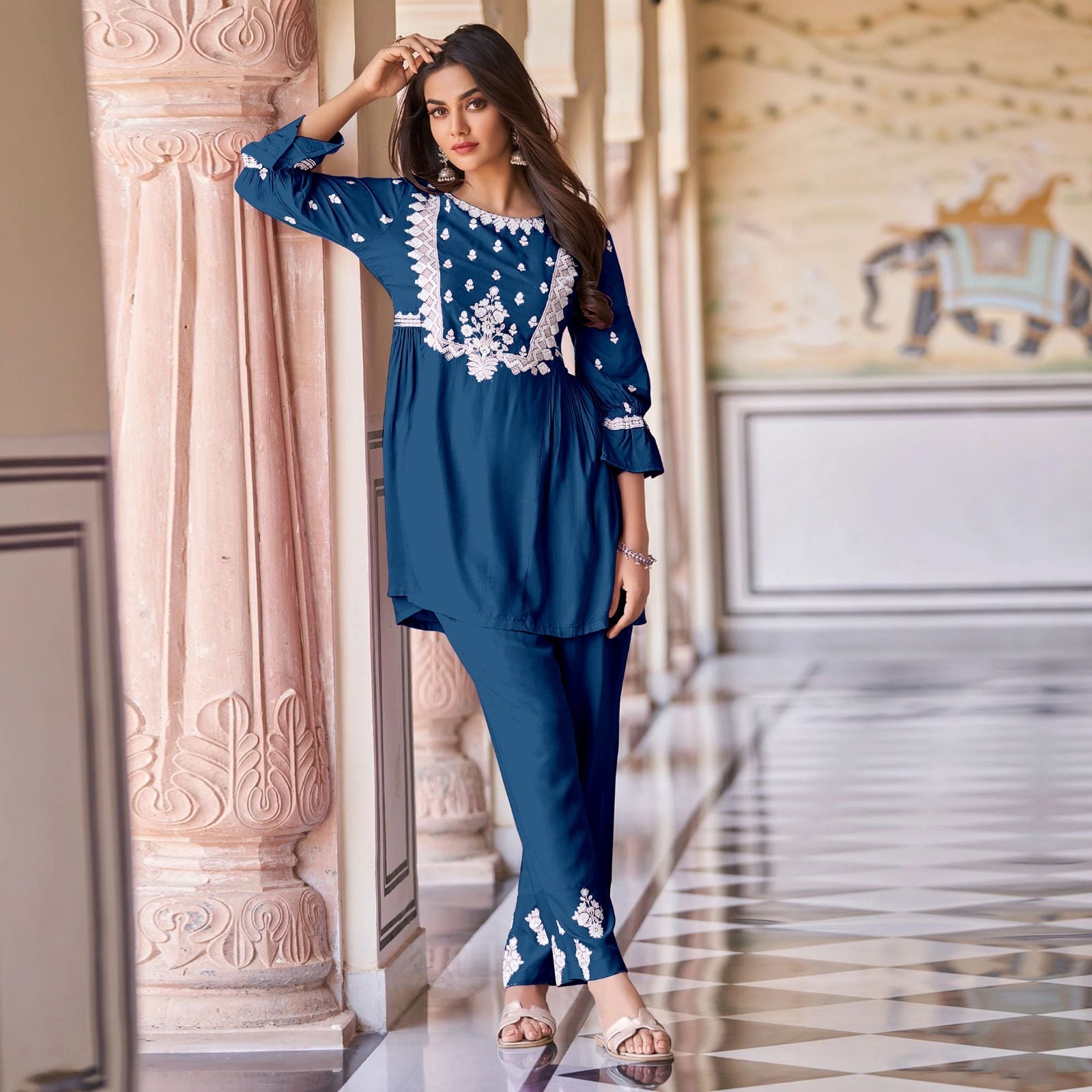 Designer Chikankari Exclusive Kurti_Pent Pair (Navy Blue)