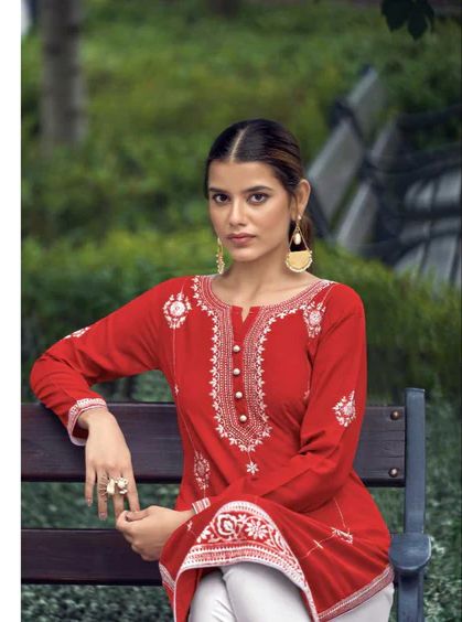 New Chikankari Exclusive Kurti_Pent Pair (Red)