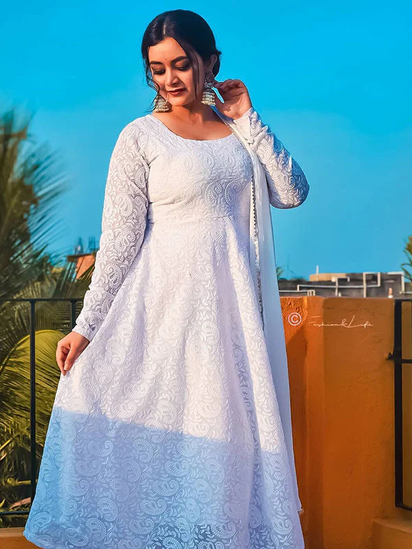 Chikankari Work Georgette White Floor Touch Gown With Dupatta Set