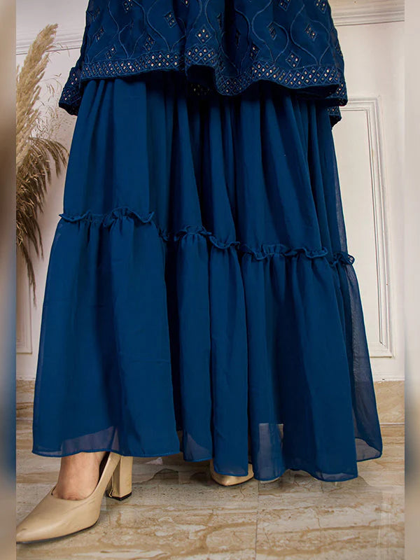 Blue Multi Sequenced Georgette Kurti With Sharara & Dupatta