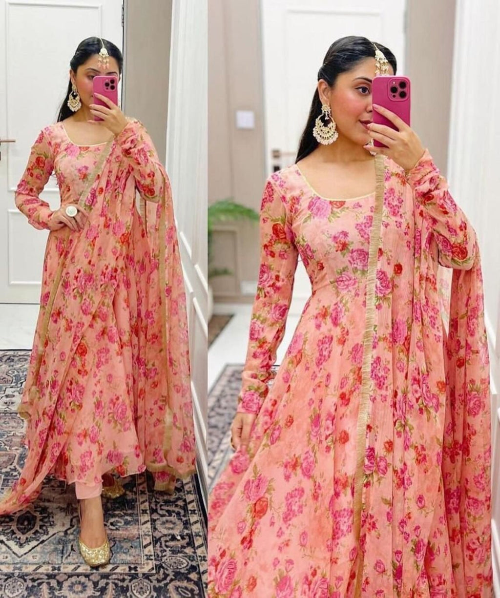 Peach Rose Pattern Tebby Anarkali Suit With Dupatta Set