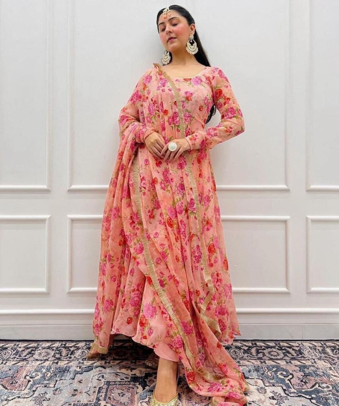 Peach Rose Pattern Tebby Anarkali Suit With Dupatta Set