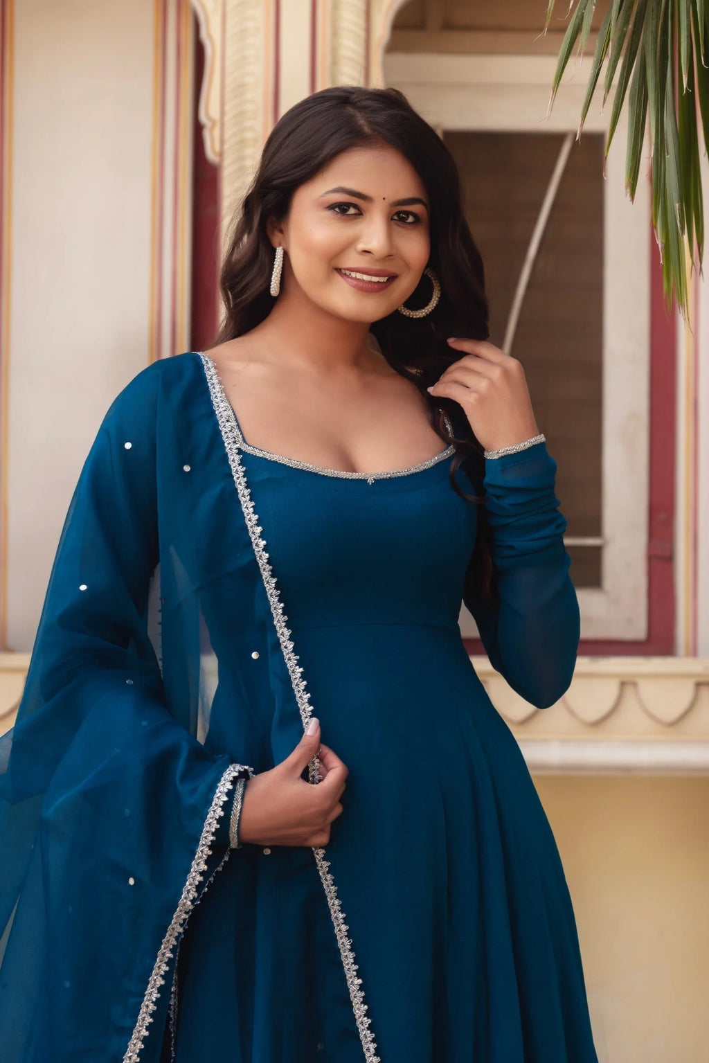 Most Attactive Party Wear Peacock Blue Color Anarkali Suit