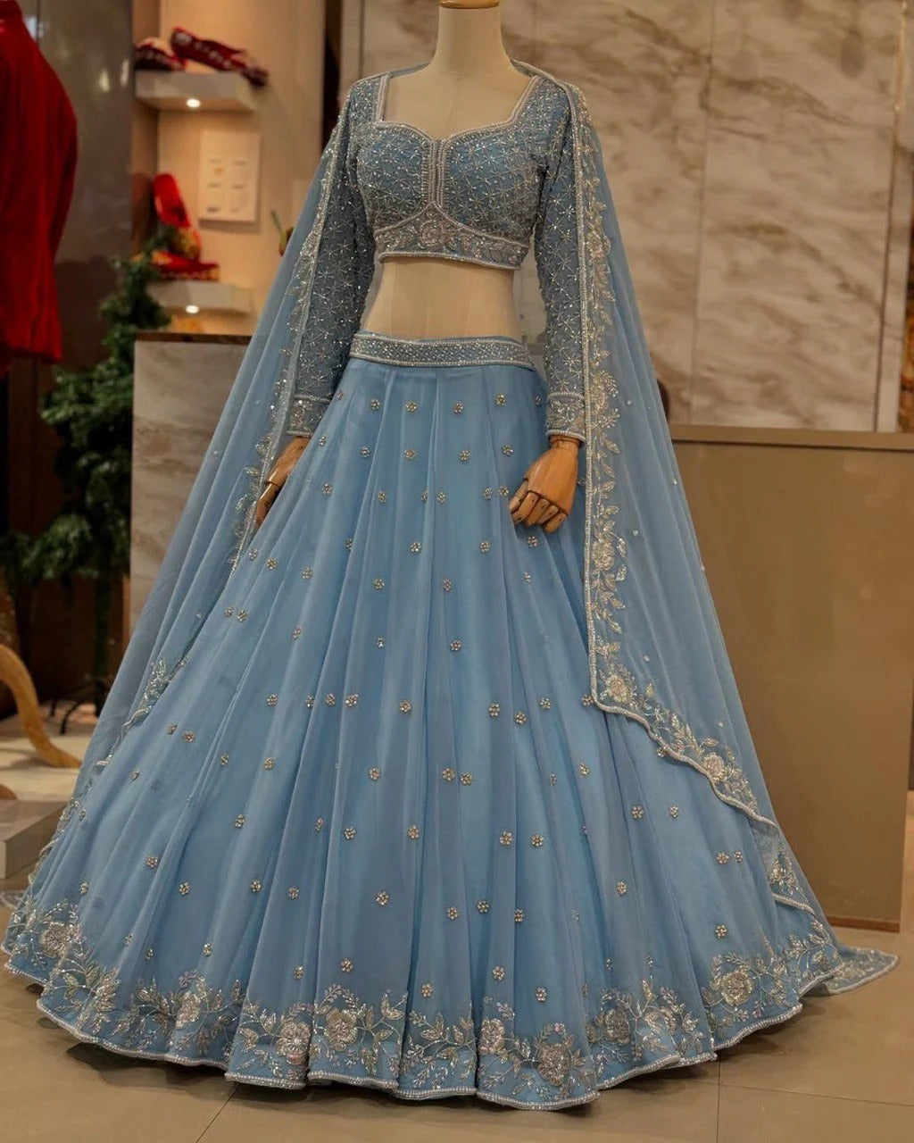 Most attractive Sky Blue Color Embroidery Designer Lehenga Choli