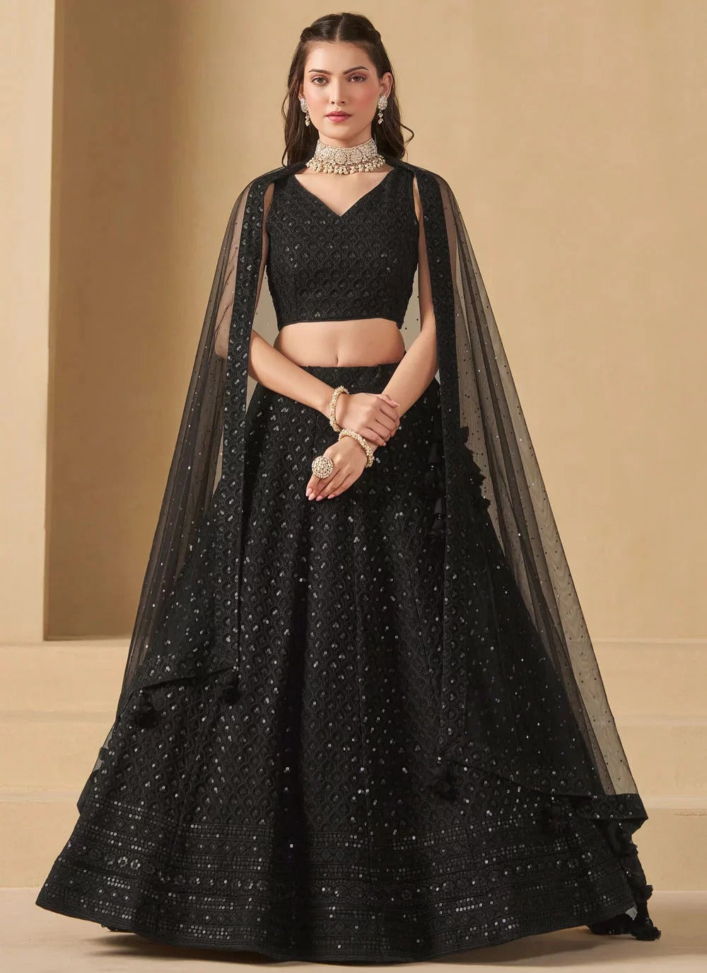 Most Trending Black Embroidery With Sequin Work Lehenga Choli