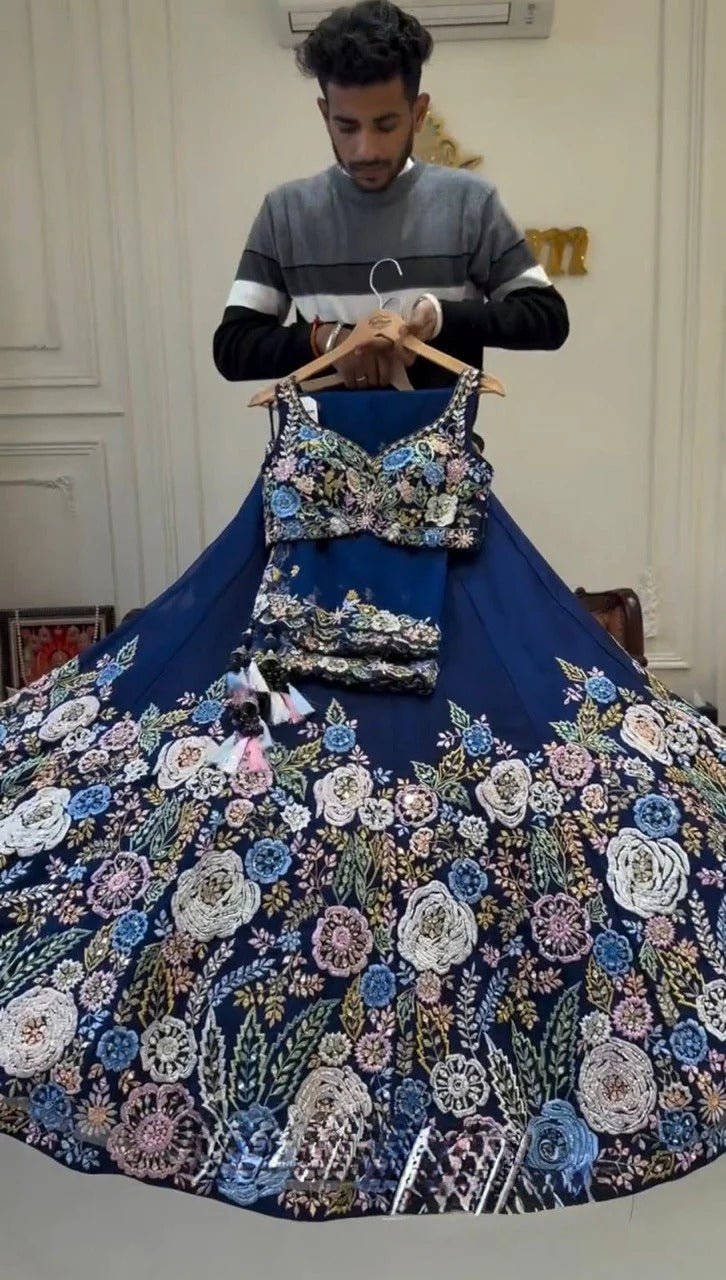 Most Trending Peacock Blue Color Wedding Special Lehenga Choli